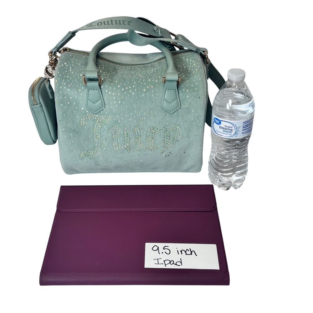 Juicy Couture Crossbody Satchel Bag Y2K Mint Green Blue Rhinestone Velour - Picture 6 of 14